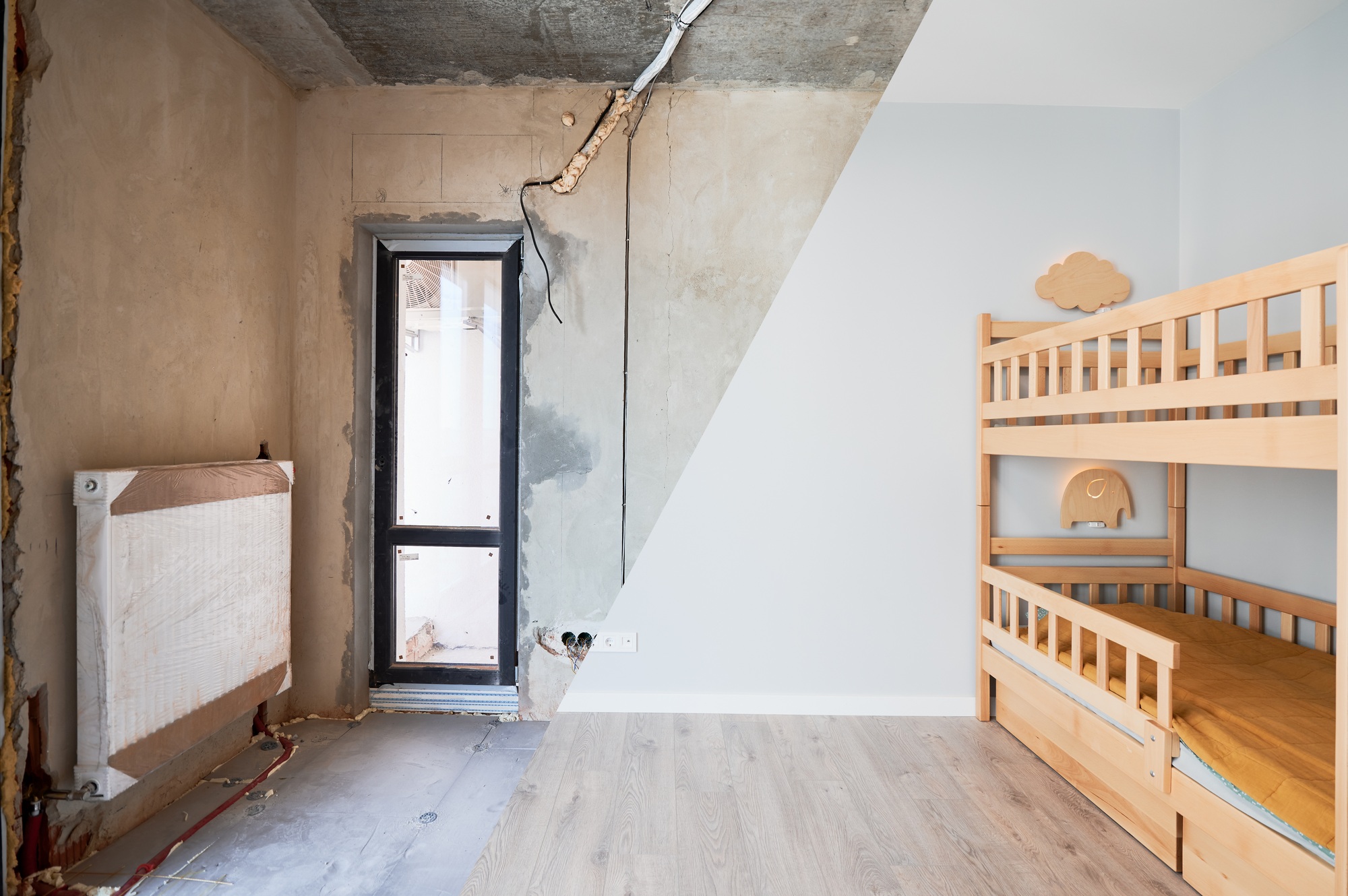 Children room with bunk bed before and after renovation.